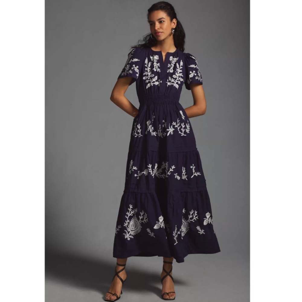 Anthropologie Somerset Maxi Dress, blue & embroidered white, size L, EUC